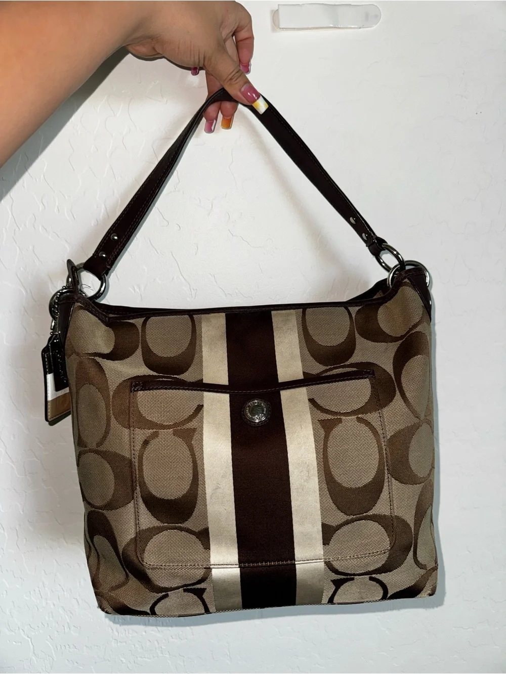 Coach Brown Signature Canvas Shoulder Bag with Dark Brown Stripe